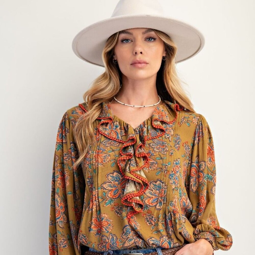 EASEL Floral Printed Gauze Blouse Top (New) - Martini Olive